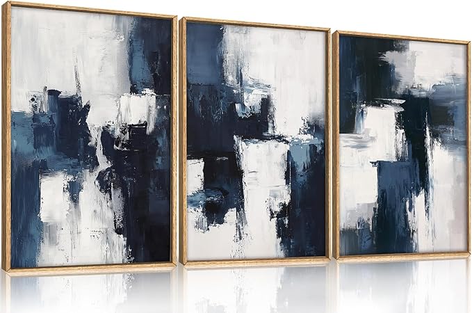HLNIUC Navy Blue Abstract Wall Art Set of 3, Gray White Modern Neutral Art Decor(16x24), Minimalist Brush Strokes Wall Painting, Dark Geometric Textured Canvas Prints for Living Room, Bedroom, Office