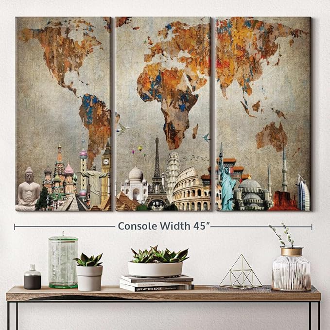 ElephantStock Rusty World Map Multi Piece Canvas - 3 Piece Canvas World Map Wall Decor - Wall Decor - Ready-to-Hang Print - Vintage Wall Art - 45" X 28"