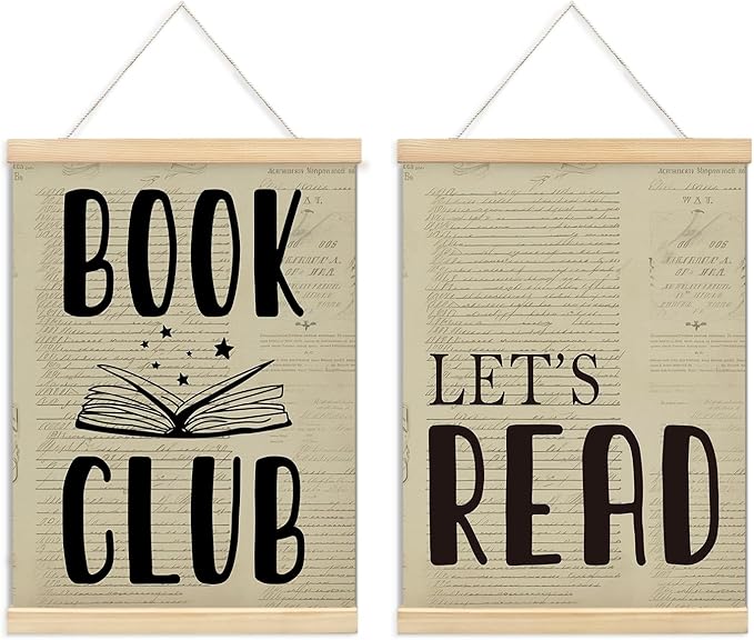 ULEGIE Book Club Let's Read Wall Art - Vintage Classroom & Library Decor, Reading Corner, Framed Wall Poster 2 Pack, 12x16 Inch
