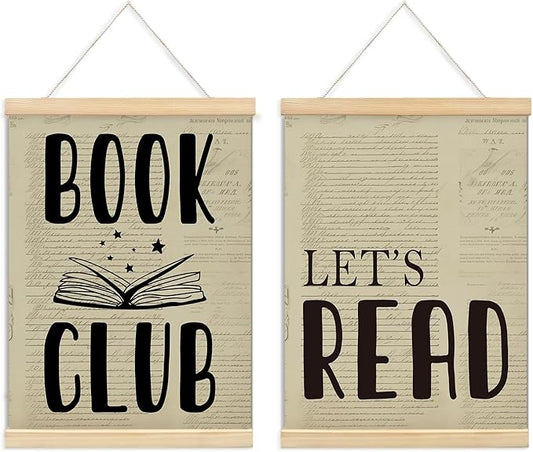 ULEGIE Book Club Let's Read Wall Art - Vintage Classroom & Library Decor, Reading Corner, Framed Wall Poster 2 Pack, 12x16 Inch