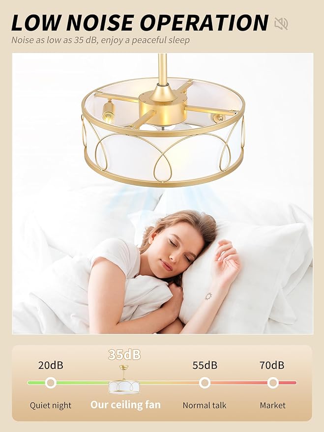 20" Gold Fandelier Ceiling Fan with Light, Fabric Boho Chandelier Ceiling Fans with Lights Remote Control, Mid-Century Modern Caged with 6 Speeds for Bedroom, Nursery (FS-BG01)