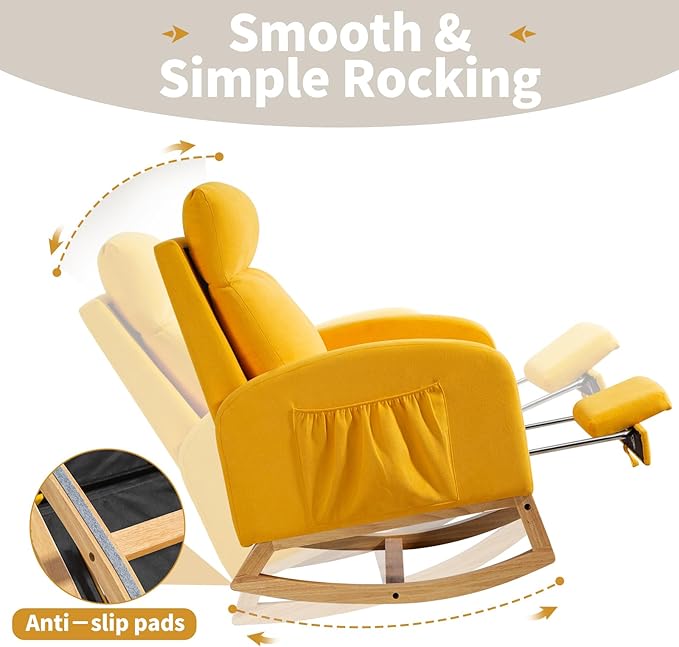 Rocking Chair Nursery Glider Chair with Foot Rest, Nursery Rocking Chairs with Rubber Wood Legs Side Pocket, High Back Nursing Chair, Accent Rocker Arm Chair Baby Bedroom, Living Room, Yellow