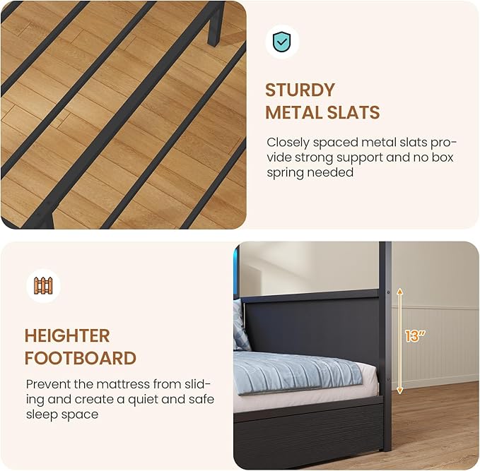 DICTAC Twin Corner Bed Frame with Storage Bookcase,Charging Station and Upholstered Headboard House Shaped Twin Size Bed Frame with 2 Storage Drawers,RGB LED and Globe Lights,Kid twin House Beds,Black