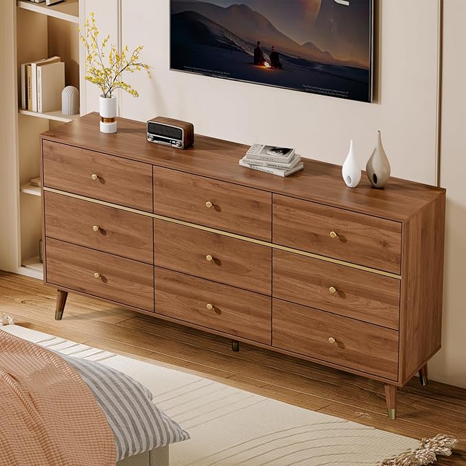 9 Drawer Dresser,63" Wide Mid Century Modern Chest of Drawers,Wooden Bedroom Drawer Dresser with 9 Storage Drawers for Bedroom, Living Room,with Anti-Tipping Device,Tan
