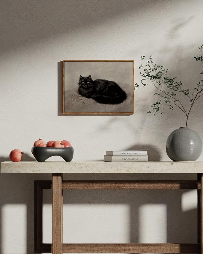 ARPEOTCY Vintage Framed Canvas Wall Art, 12x16inch, Black Cat Artworks, Modern Animal Oil Paintings Decor, Retro Classical Prints Hanging Wall Decor for Bathroom Living Room Bedroom Office