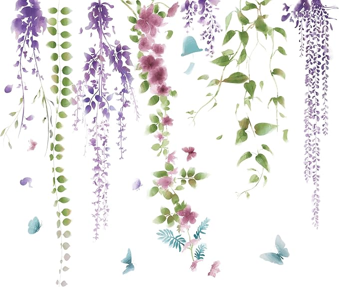 Amaonm 3D Removable Hanging Purple Blue Flowers With Green Leaves Wall Stickers Murals DIY Peel and Stick Flower Vines Floral Wall Decal for Home Wall Corner Kids Bedroom Living Room Nursery Decoration (A)