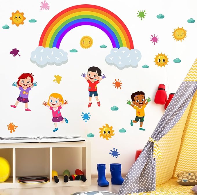 Rainbow Wall Decals Colorful Kids Wall Stickers for Classroom, Inspirational Sun Clouds Wall Decals Watercolor Splatter Sunny Art Murals for Girls Room Nursery Playroom Decorations