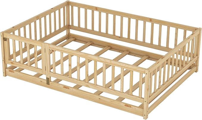 Full Size Floor Bed Frame with Door and Slats,Montessori Floor Bed with Safety Guardrails for Girls Boys,Solid Wood Kids Montessori Bed Full Size,Natural
