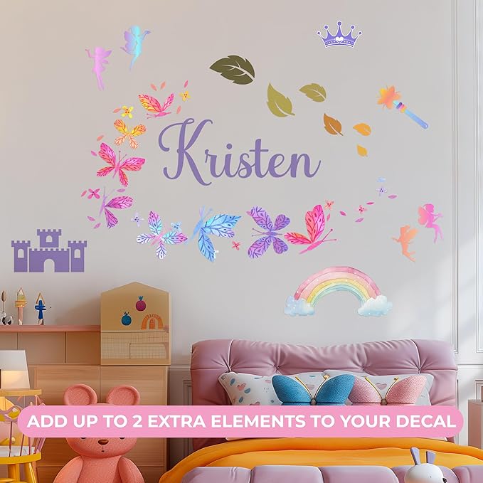 Personalized Name Butterfly Wall Decals for Girls Bedroom - Pink Room Decor with Rainbow Options - Multiple Sizes & Colors