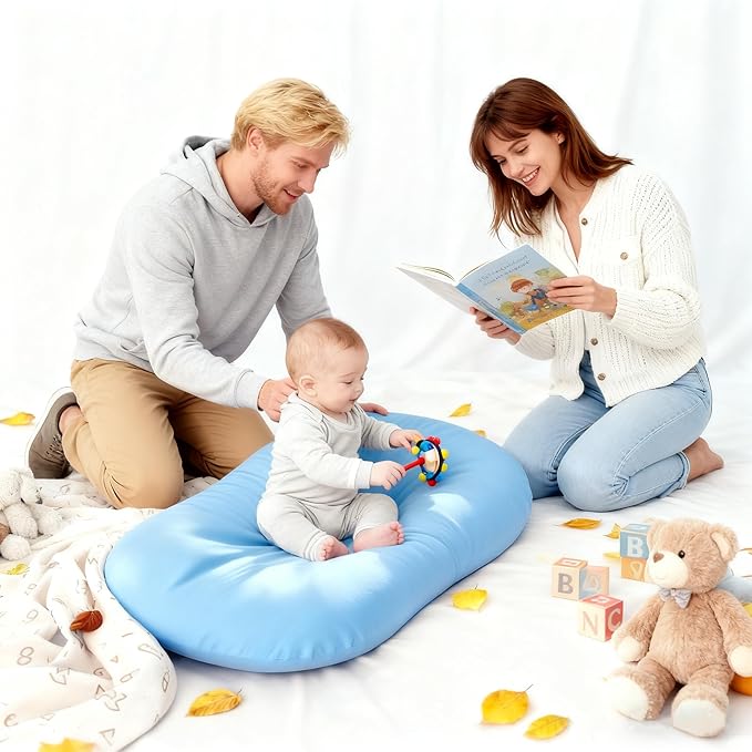 Baby Lounger 0-24 Months 100% Cotton-Snuggle Cozy Me Lounger,Soft & Breathable Tummy Time Mat for Newborn Infant Play Mat,Babies Essentials Gifts,Blue(Lounger Cover Included)