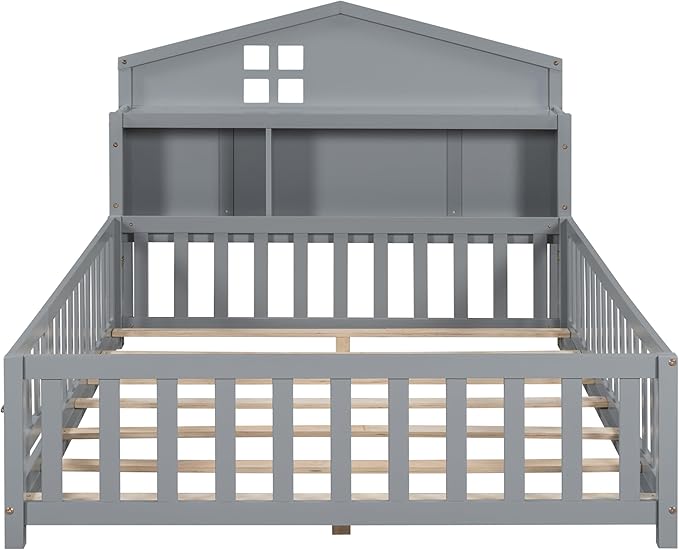 Bellemave Full Size Floor Bed for Kids, Girls, Boys, Solid Wood Montessori Bed with Storage headboard, Door, Storage, Grey