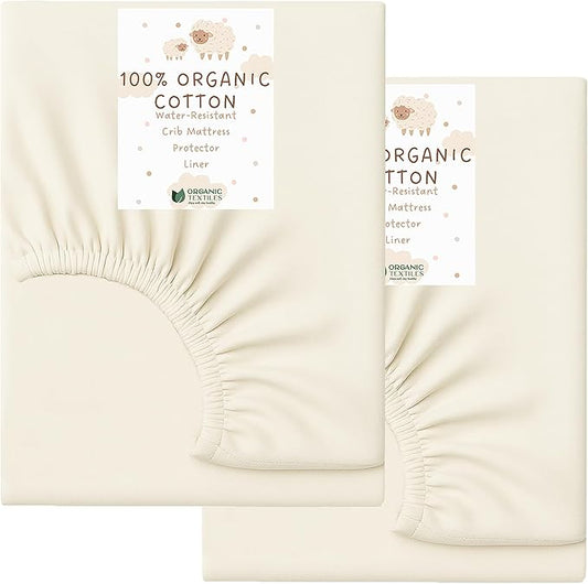 Organic Cotton Crib Mattress Protector (Water-Resistant) - Breathable Fitted Liner Pad, GOTS-Certified, Hypoallergenic, Made in USA – Mini-Sleeper 31" x 18" - Pack of 2