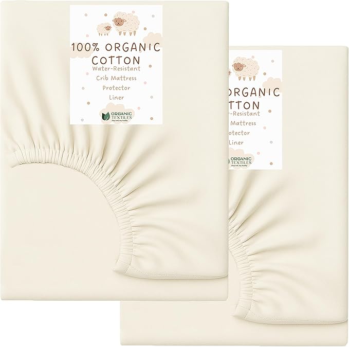 Organic Cotton Crib Mattress Protector (Water-Resistant) - Breathable Fitted Liner Pad, GOTS-Certified, Hypoallergenic, Made in USA - Bassinet 30"x15" - Pack of 2