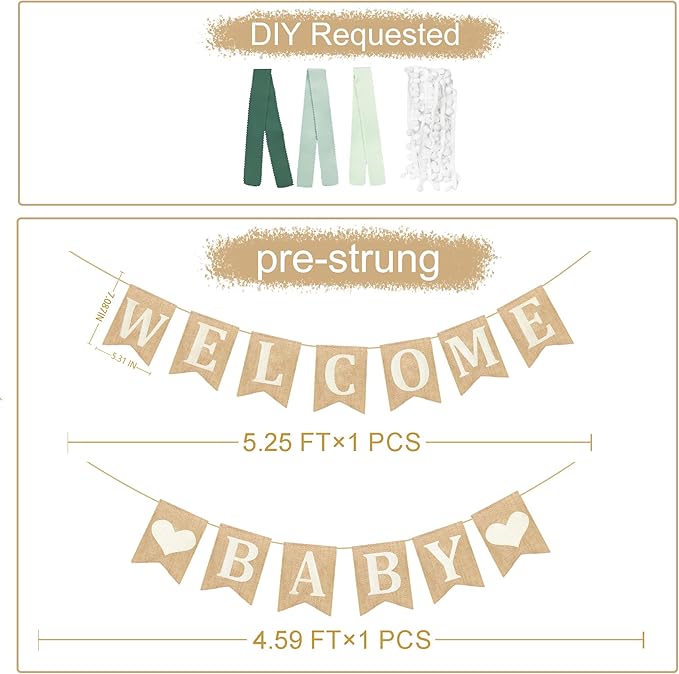 Welcome Baby Heart Burlap Pennant Banner Flag Felt Welcome Baby Sign and Heart Pattern with Sage Green Ribbon for Gender Reveal Neutral Baby Shower Welcome Baby Hello Baby Party Decorations Supplies