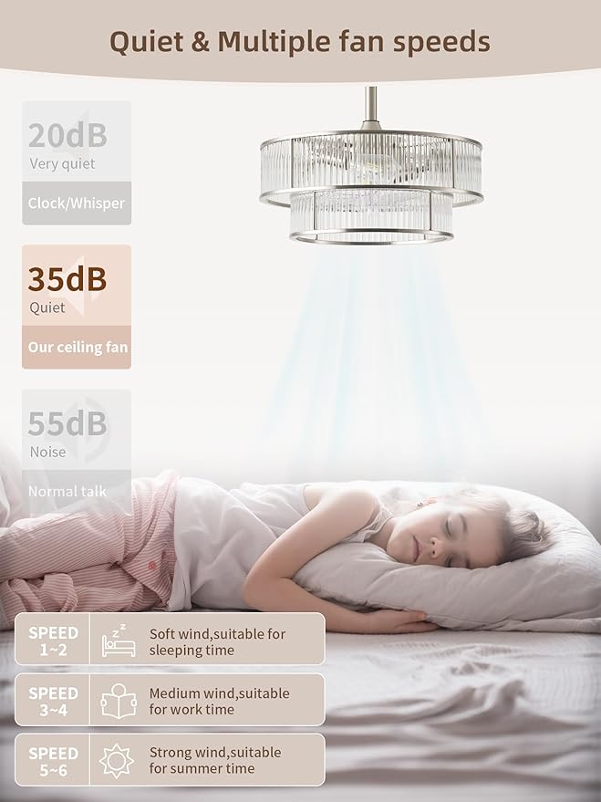 Silver Fandelier Ceiling Fans with Lights, 20" Silver Crystal Chandelier Ceiling Fan with Light Remote Control, Caged Mid Century with 6 Speeds for Bedroom, Living Room, Nursery