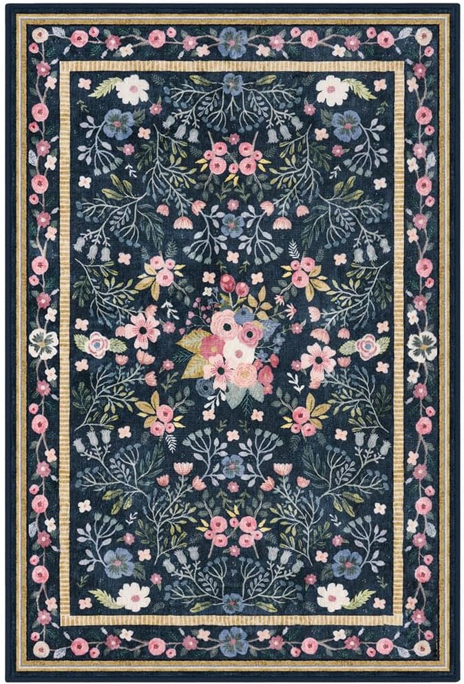 Area Rugs for Living Room 5x7, Washable Non-Slip Thin Floral Vintage Boho Rug for Bedroom Dining Room Office, Soft Rug Indoor Lightweight Carpet, Blue/Multi