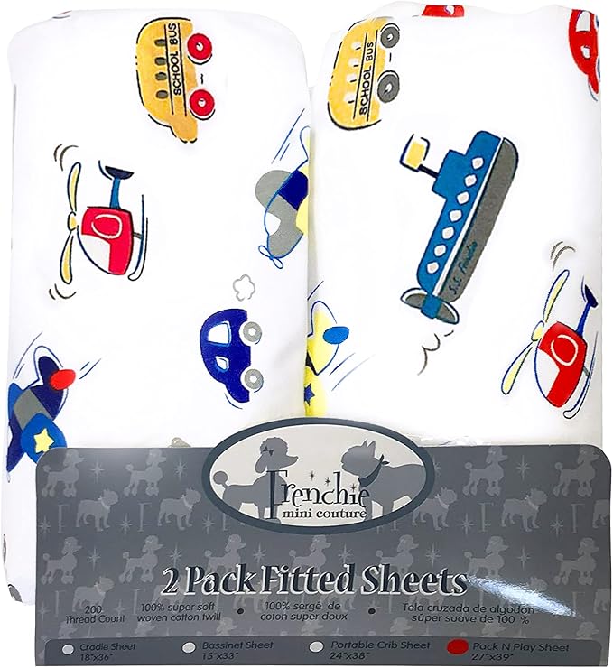 Frenchie Mini Couture, Boys Pack N Play Sheets, 100% Cotton, Cars, Boats, Planes, 27 x 39in, 2-Pack
