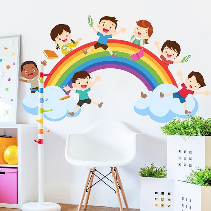 Watercolor Rainbow Wall Decals Educational Wall Stickers for Kids Room, Large Rainbow Cloud Wall Decor Students Reading Art Murals Peel and Stick Decorations for Nursery Classroom