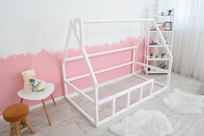 BUSY WOOD Montessori Floor Bed for Toddlers - Loft Bed - Twin Bed for Toddlers - Full Bed Floor - Kids Bed with Railings - Montessori Bed Frame - Montessori Bed - Platform Bed (Model 1)