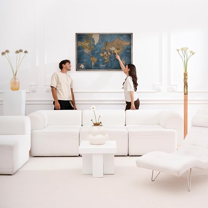 Canvas World Map with Cork Pin Board - English Lettering - Decorative Wall Decoration for All Rooms - Canvas Pictures with World Map Motif (90x60 cm, Pattern 13)