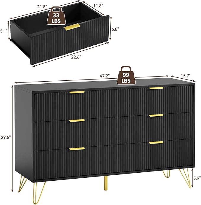 LYNSOM Fluted Dresser for Bedroom, Black 6 Drawer Dresser with Gold Handles and Wide Drawers, Wood Chest of Drawers for Bedroom, Hallway