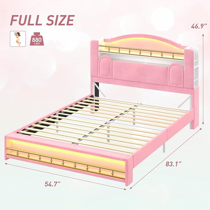 Full Size Bed Frame with Storage Headboard, Platform Bed Frame Full with LED Lights and Charging Station, Velvet Princess Bed for Girls/Kids, No Box Spring Needed/Noise-Free/Easy Assembly,Pink