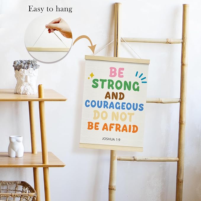 TRKAE Christian Classroom Canvas Poster Hanger Frame, Be Strong and Courageous Joshua 1:9 Wall Art for Kids, Scripture Wall Decor for Nursery Preschool Church -037