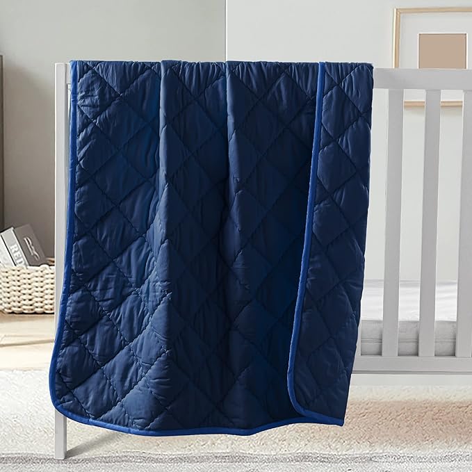FLXXIE Machine Washable Microfiber Down Alternative Oversized Toddler Comforter, Super Soft and Lightweight Kids Crib Quilted Blanket for Stroller, Travel, 43x60 Inches, Navy Blue