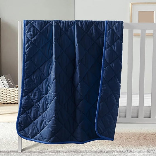 FLXXIE Machine Washable Microfiber Down Alternative Oversized Toddler Comforter, Super Soft and Lightweight Kids Crib Quilted Blanket for Stroller, Travel, 43x60 Inches, Navy Blue