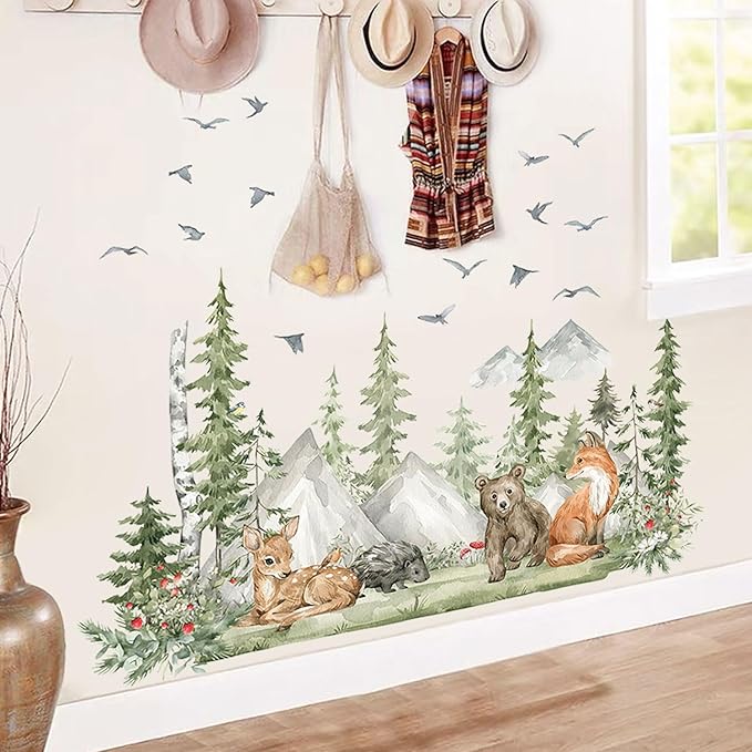 4 Sheet of 36x12 inch Mountain Forest Wall Decal Woodland Bear Fox Deer Peel and Stick Wallpaper for Kids Boys Bedroom Nursery Playroom Large DIY Watercolor Animal Tree Mural Wall Art Decor