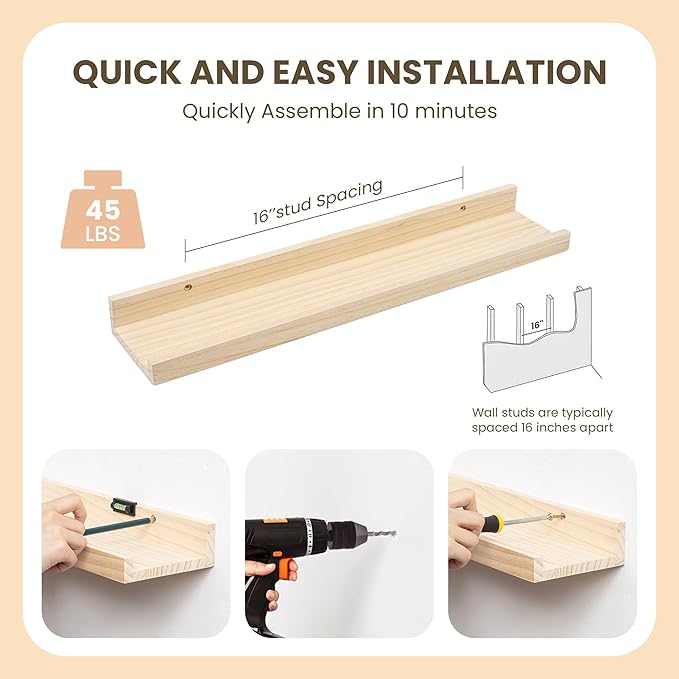 Picture Ledge Shelf, 24 inch Solid Wood Floating Shelves, Picture Shelf for Wall with Ledge, Floating Book Shelves for living room Bedroom Kitchen Nursery Decor, Natural Unfinished, Set of 2
