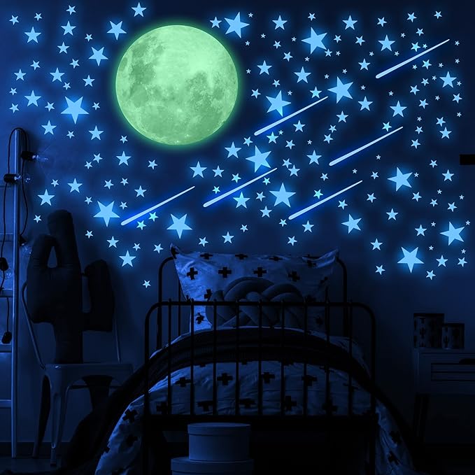 Glow in The Dark Moon and Stars Wall Decal, Luminous Wall Decor, Sticky Fluorescence Moon, Gift for Boy and Girl Perfect for Kids Nursery Bedroom Living Room (Blue)