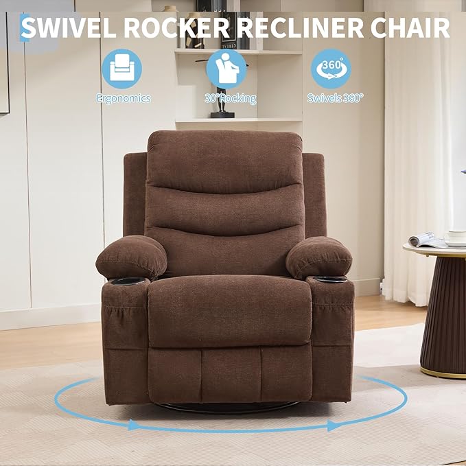 Recliner Chair Nursery, Oversized Manual Reclining Rocking Chair, 360 Swivel Glider with Cup Holder, Massage and Heat Recliner, Indoor Small Single Sofa Chairs for Adults, RV, Bedroom, Linen Brown