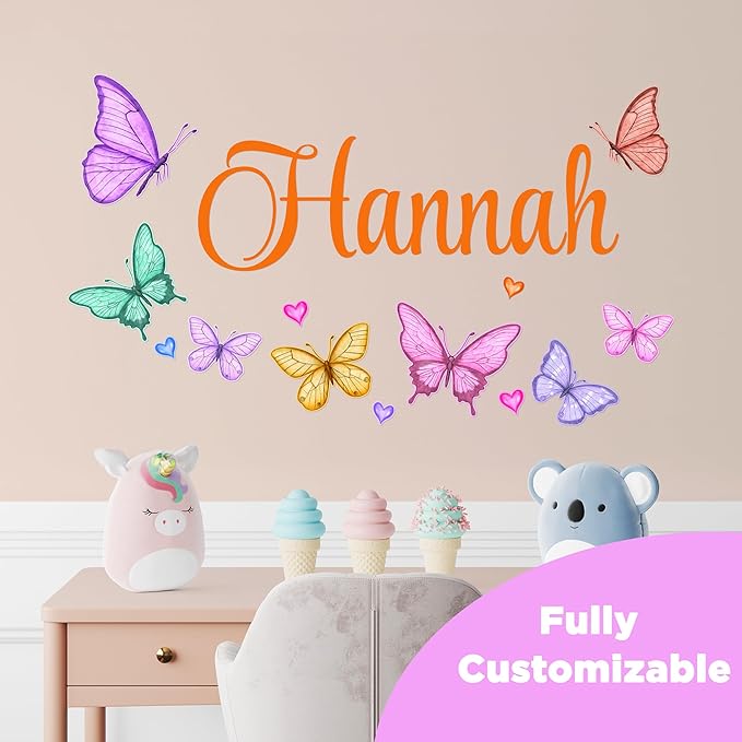 Personalized Name Butterfly Decor I Wall Decals for Girls Bedroom I Pink Room Decor I Butterfly Decorations I Multiple Size & Color Options
