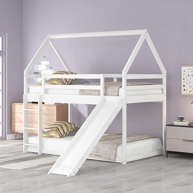 Twin Size Bunk House Bed with Slide and Ladder,can Switch Positions Left & Right,Bedroom Wood Loft Bed Frame W/No Box Spring Required,Easy to Assemble,for Kids Teens Girls Boys,White
