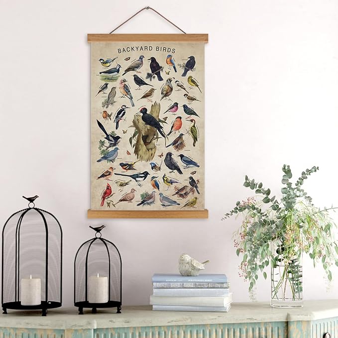KAIRNE Vintage Backyard Birds Canvas Wall Art Set,Bird Identification Poster Chart,Hummingbird Decor,Birds Art Prints(35x56cm)landscape Wall Decor,Ideal Nature-Inspired Home Decor for Bird Enthusiasts