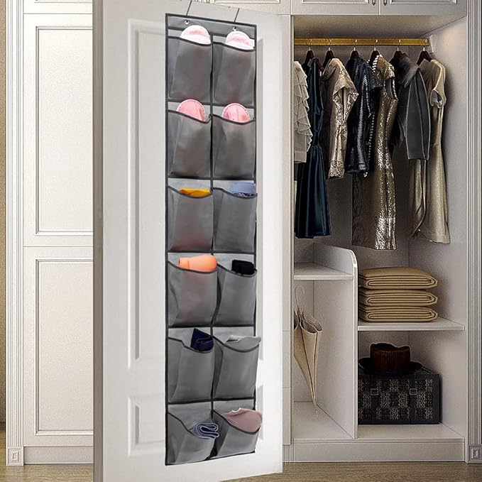 Hanging Storage Organizer Over the Door Shoes Organizer Kids Shoe Rack with 12 Large Fabric Pockets for Closet Shoe Holder Hanger (GREY)