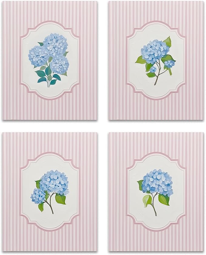 OFJE Blue Hydrangea Floral Wall Art Decor Prints Set of 4, Rustic Pink Striped Hydrangea Flower Wall Art Posters Decor for Girls Bedroom Home Living Room, 8x10 Unframed