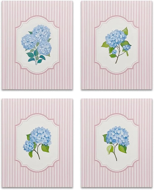 OFJE Blue Hydrangea Floral Wall Art Decor Prints Set of 4, Rustic Pink Striped Hydrangea Flower Wall Art Posters Decor for Girls Bedroom Home Living Room, 8x10 Unframed