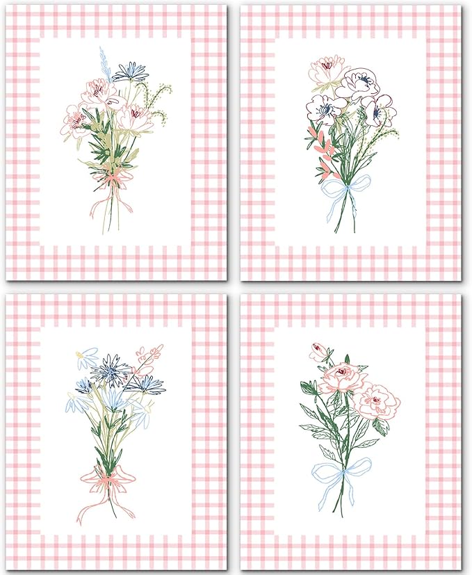 JINYO Pink and White Checkered Floral Wall Art Prints Set of 4, Floral Room Decor, Coquette Bow Pink Plaid Abstract Flower Posters Pictures Wall Decor for Girls Bedroom Dorm, 8x10 Unframed