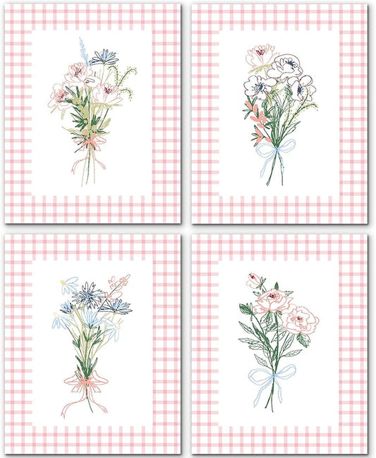 JINYO Pink and White Checkered Floral Wall Art Prints Set of 4, Floral Room Decor, Coquette Bow Pink Plaid Abstract Flower Posters Pictures Wall Decor for Girls Bedroom Dorm, 8x10 Unframed