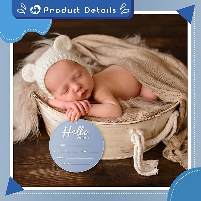 Baby Announcement Sign, 6.7 Inch Hello World Newborn Sign, Thickness Upgrade Birth Announcement Sign for Hospital, Nursery Baby Shower (Blue)