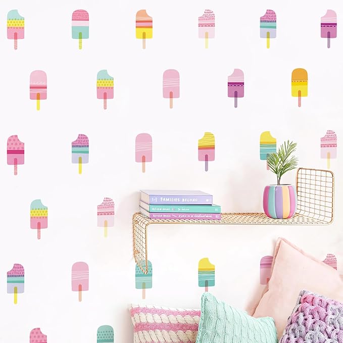 48 Pcs Ice Cream Wall Decals for Kids Room, Peel and Stick Sweet Treats Wall Sticker, Multicolor Dessert Designs Wall Decor for Nursery Playroom Classroom Bedroom School