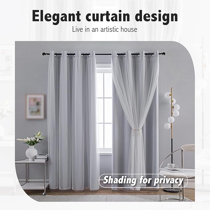Anytime Home Curtains Blackout and Sheer Layered Solid Window Curtain Panel Pair with Grommet Top, 52Wx120L,Greyish White
