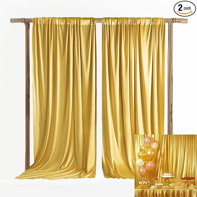 10x10ft Wedding Curtains Gold Wedding Backdrop for Ceremony Prom Stage Backdrop Satin Fabric Curtain Drapes Curtains Panels with Rod Pockets W5' x H10' 2 Panels YUNBSDJ069