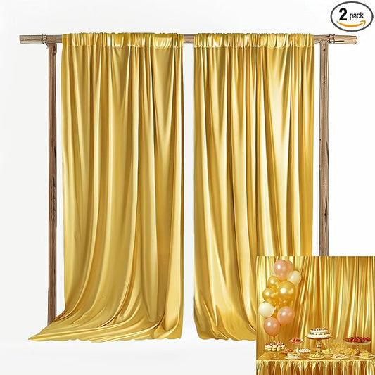 10x10ft Wedding Curtains Gold Wedding Backdrop for Ceremony Prom Stage Backdrop Satin Fabric Curtain Drapes Curtains Panels with Rod Pockets W5' x H10' 2 Panels YUNBSDJ069
