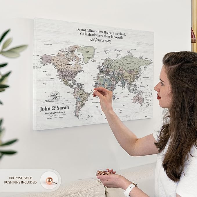 ElephantStock - Personalized Leave A Trail Iii Push Pin World Map Wall Art - Horizontal Canvas Wall Art - Living Room Wall Decor - Digital Art Map Canvas Art - White And Gray Decor - 30" x 20"