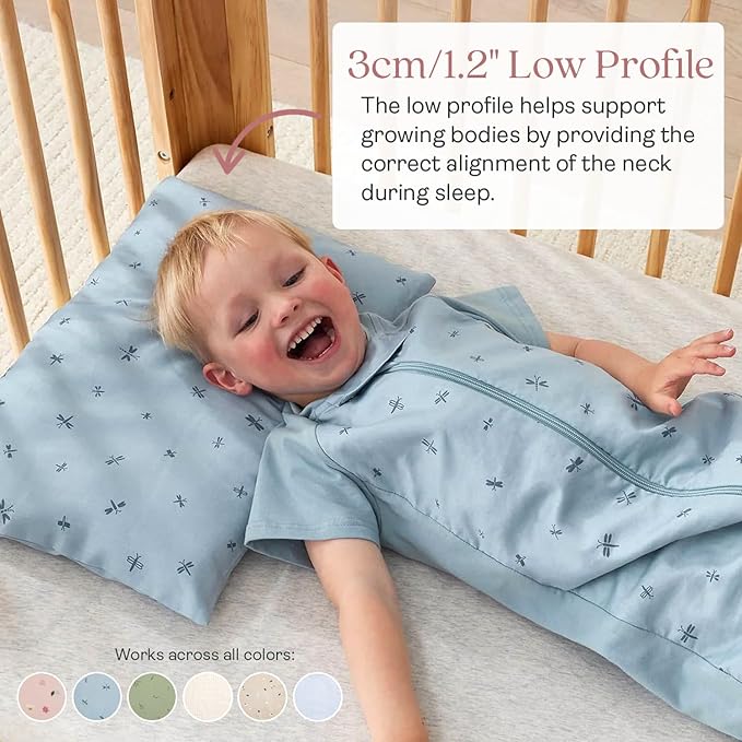 ergoPouch Organic Toddler Pillow and Cover – Low-Profile 1" Design for Proper Neck Alignment, Soft & Durable GOTS-Certified Cotton, Machine Washable, Breathable & Gentle on Skin (Dragonflies)