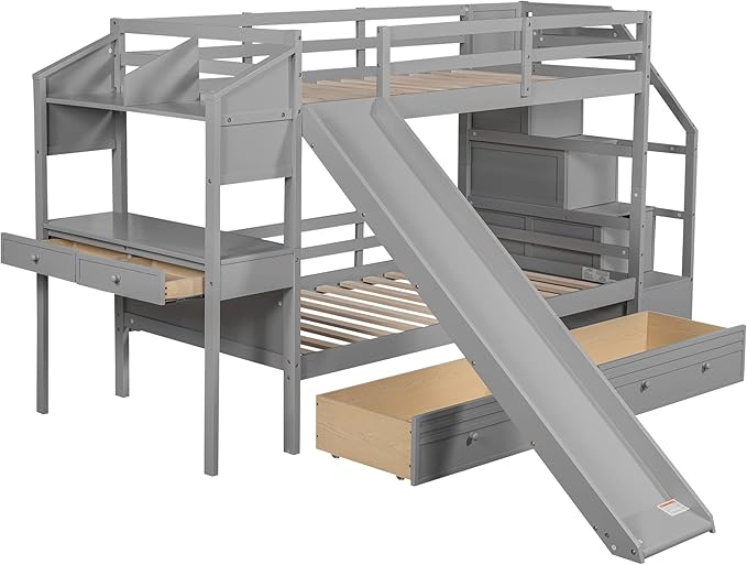 Twin Over Twin Bunk Bed with Storage Staircase and Slide, Wooden Bunk Bed Frame with Desk and Drawers, Multifunctional Bunk Bed for Kids Teens Adult Bedroom (Gray + Pine-Twin-04)