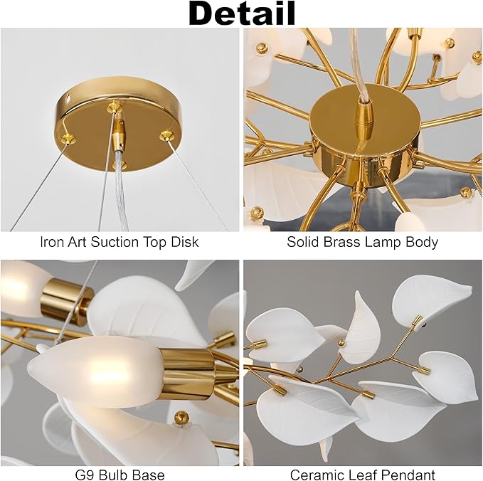 YUYI 31.5" Gold Tree Branches Chandelier, Ceramic Hearted Leaf Chandelier, Modern Round Chandeliers for Dining Room, Living Room Over Table, Kitchen, Foyer, Bedroom, Elegant Art Deco
